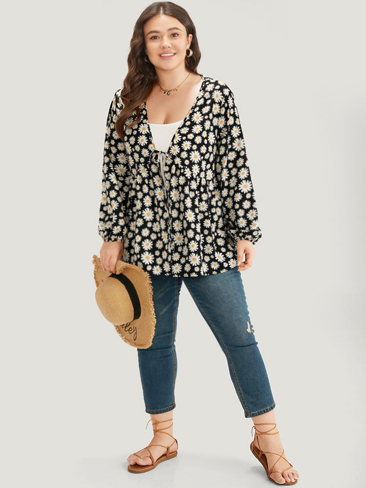 Daisy Floral Ties Front Elastic Cuffs Kimono
