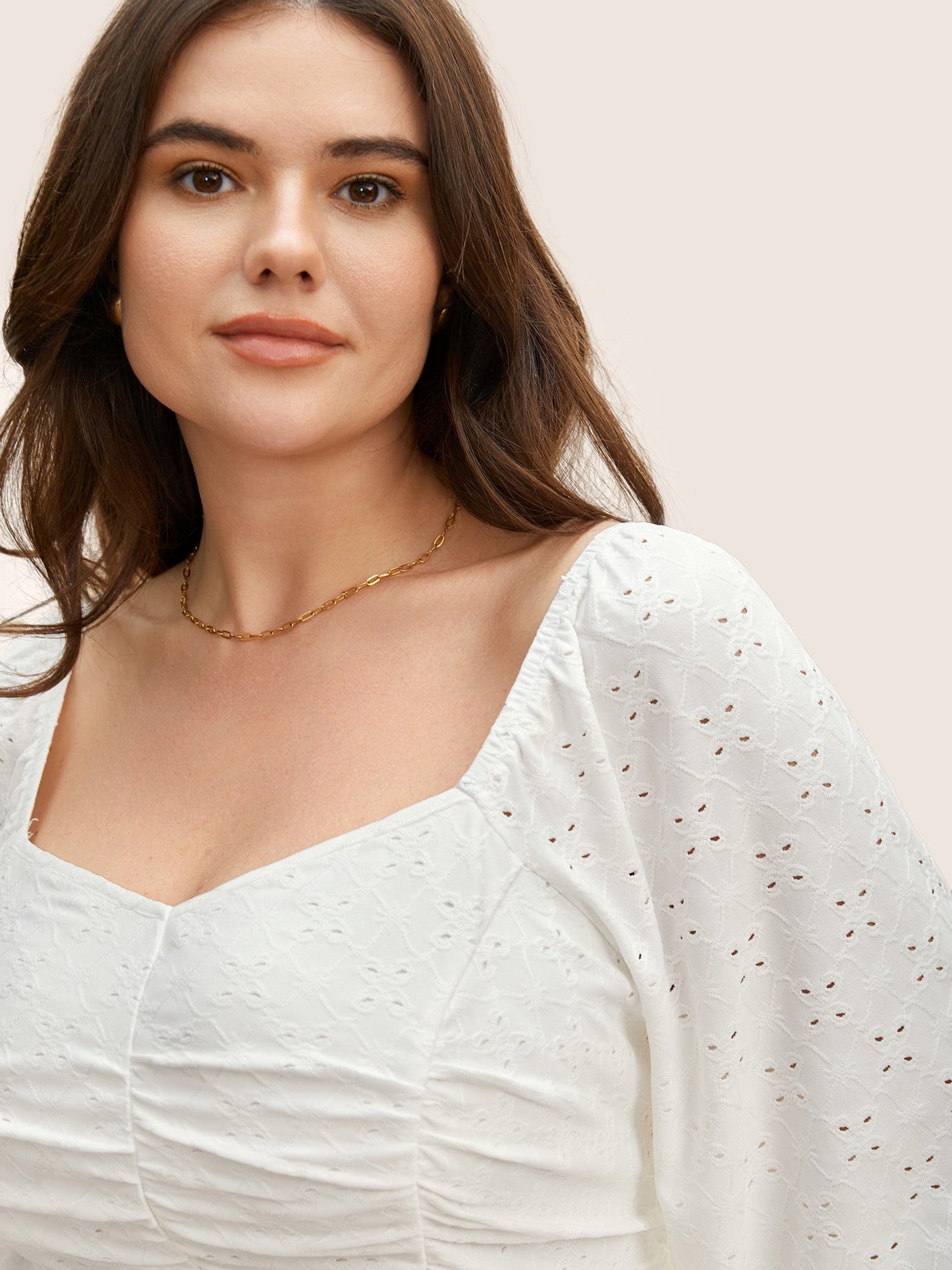 Broderie Anglaise Ruched Lantern Sleeve Blouse