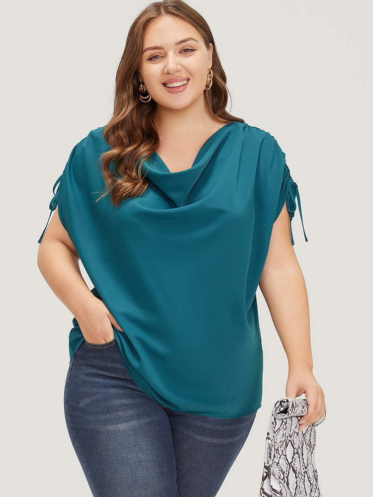 Solid Cowl Neck Drawstring Sleeve Blouse
