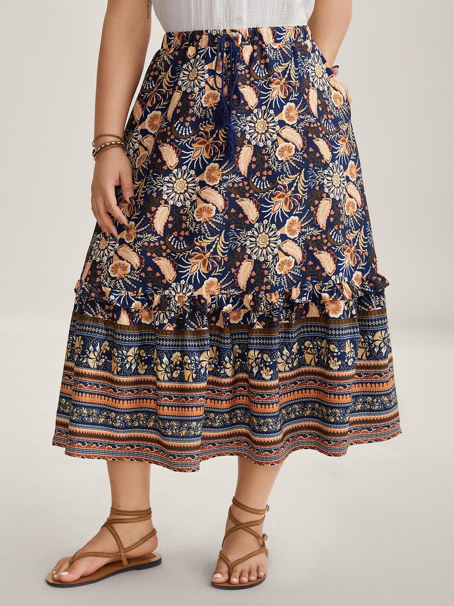 Boho Print Tiered A-Line Maxi Skirt