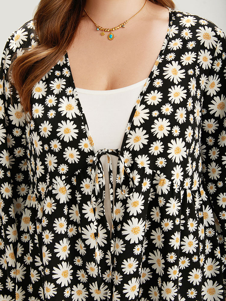 Daisy Floral Ties Front Elastic Cuffs Kimono
