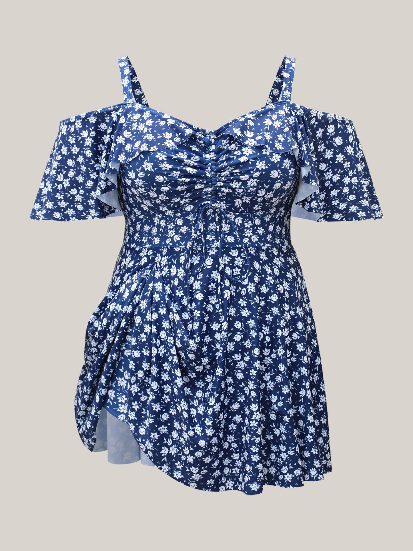 Off-Shoulder Ruched Drawstring Swim Dress