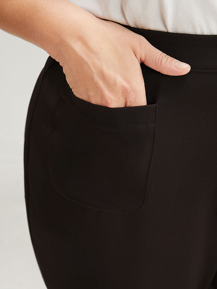 Plain Pocket Front Wide Leg High Rise Pants