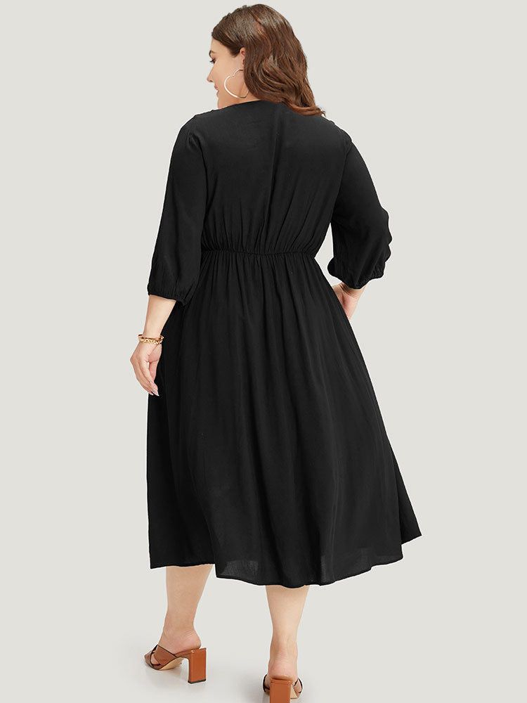 Floral Embroidered Patchwork Pocket Elastic Cuffs Dress