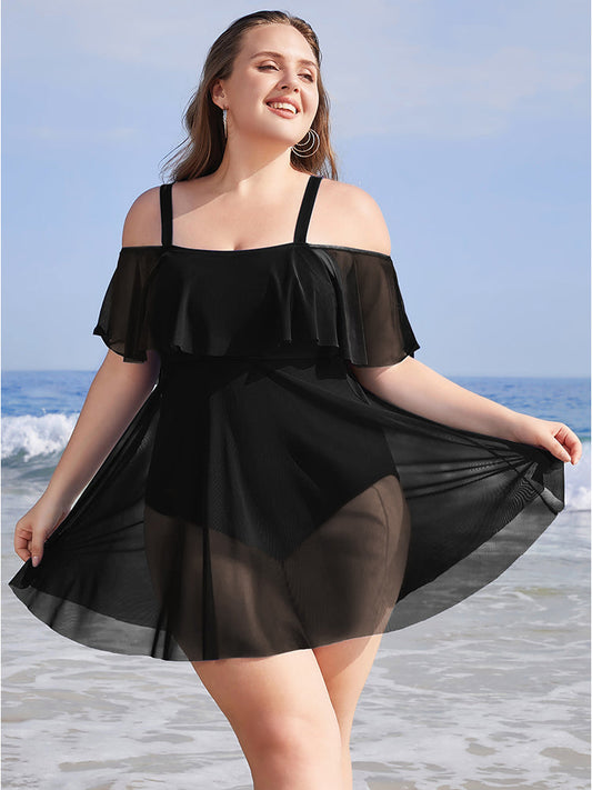 Solid Mesh Ruffles Cold Shoulder Sculpt Waist Swim Dress