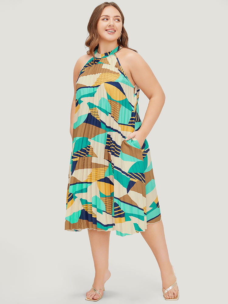 Geometric Contrast Pocket Halter Neck Pleated Dress