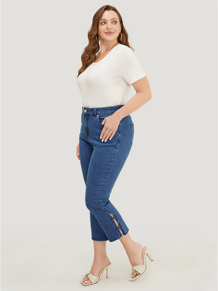 Very Stretchy Medium Wash Patched Detail Cut Out Jeans