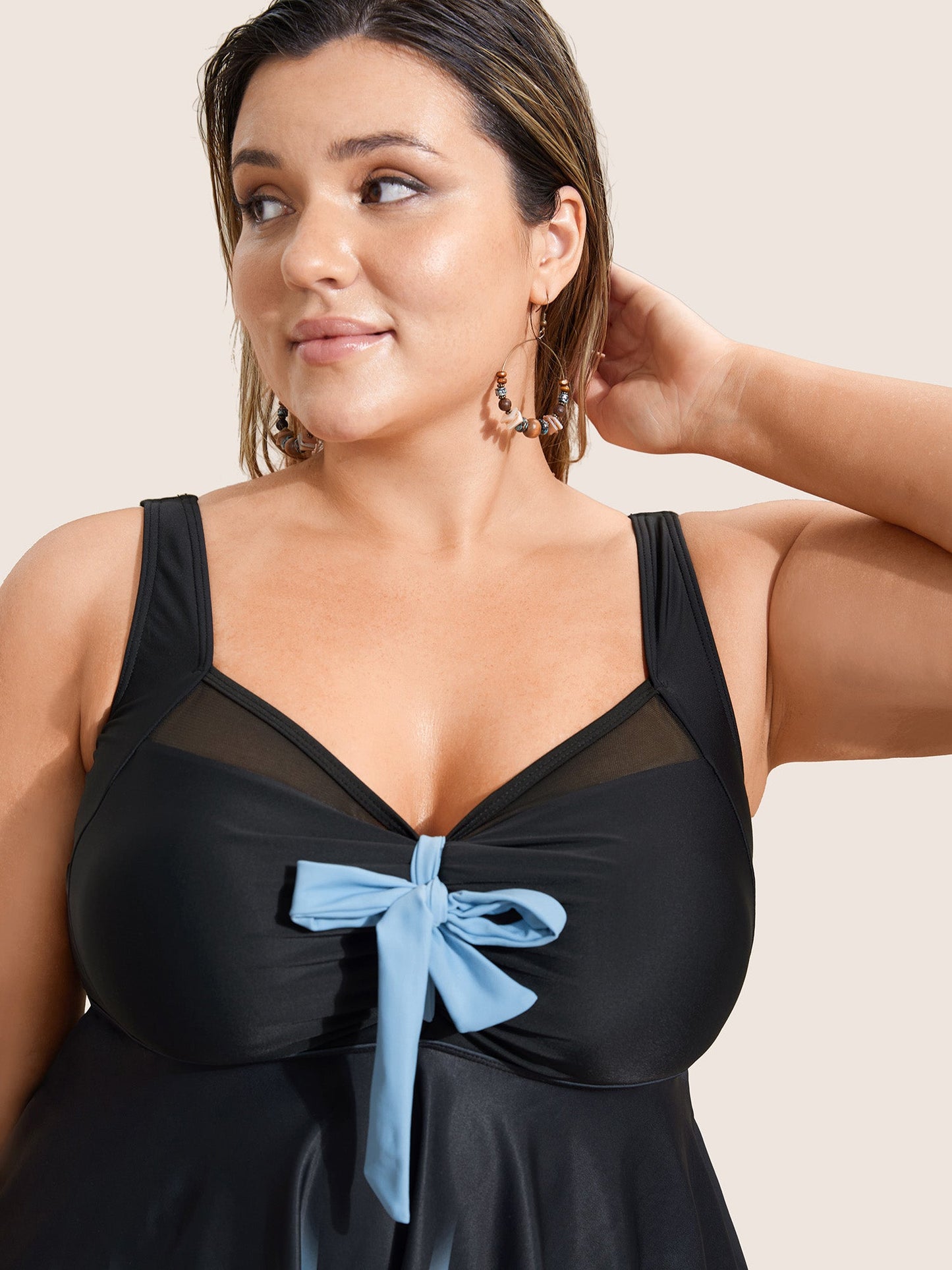 Ombre Bowknot Ruched Mesh Patchwork Swim Top