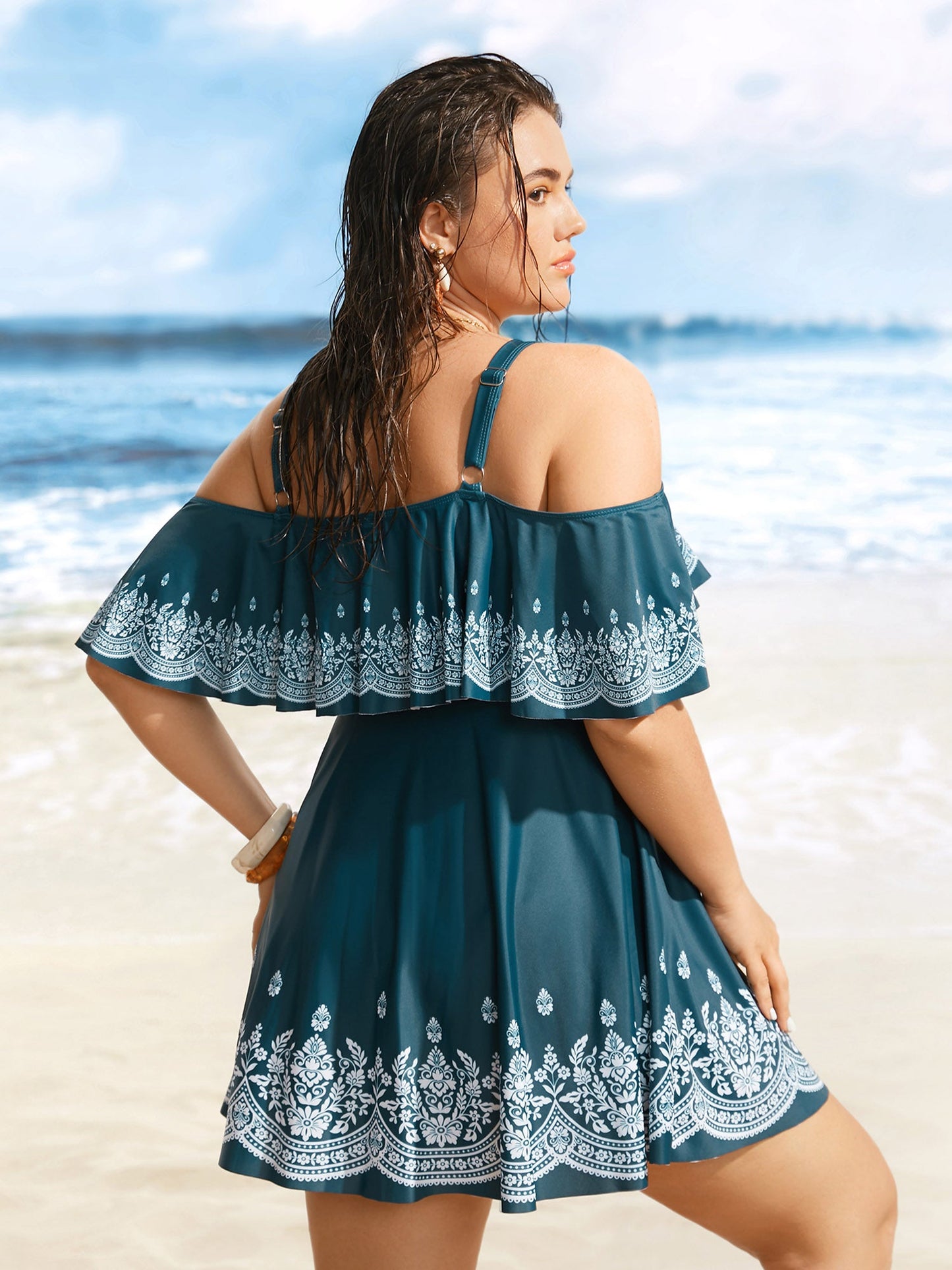 Boho Print Off Shoulder Ruffle Trim Swim Dress