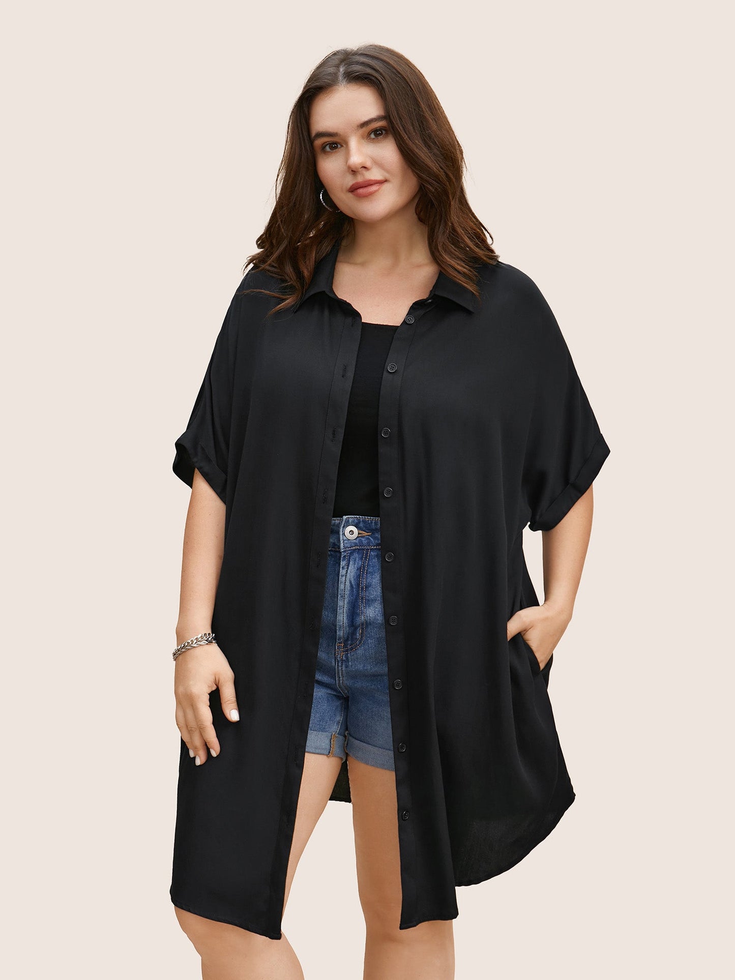 Rayon Shirt Collar Cuffed Sleeve Pocket Blouse