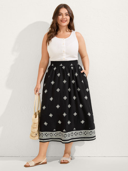 Boho Print Wide Waistband Maxi Skirt