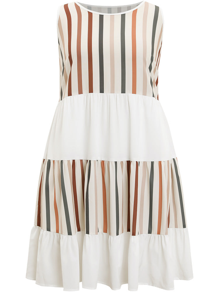 Striped Patchwork Pocket Layered Hem Tank Dress