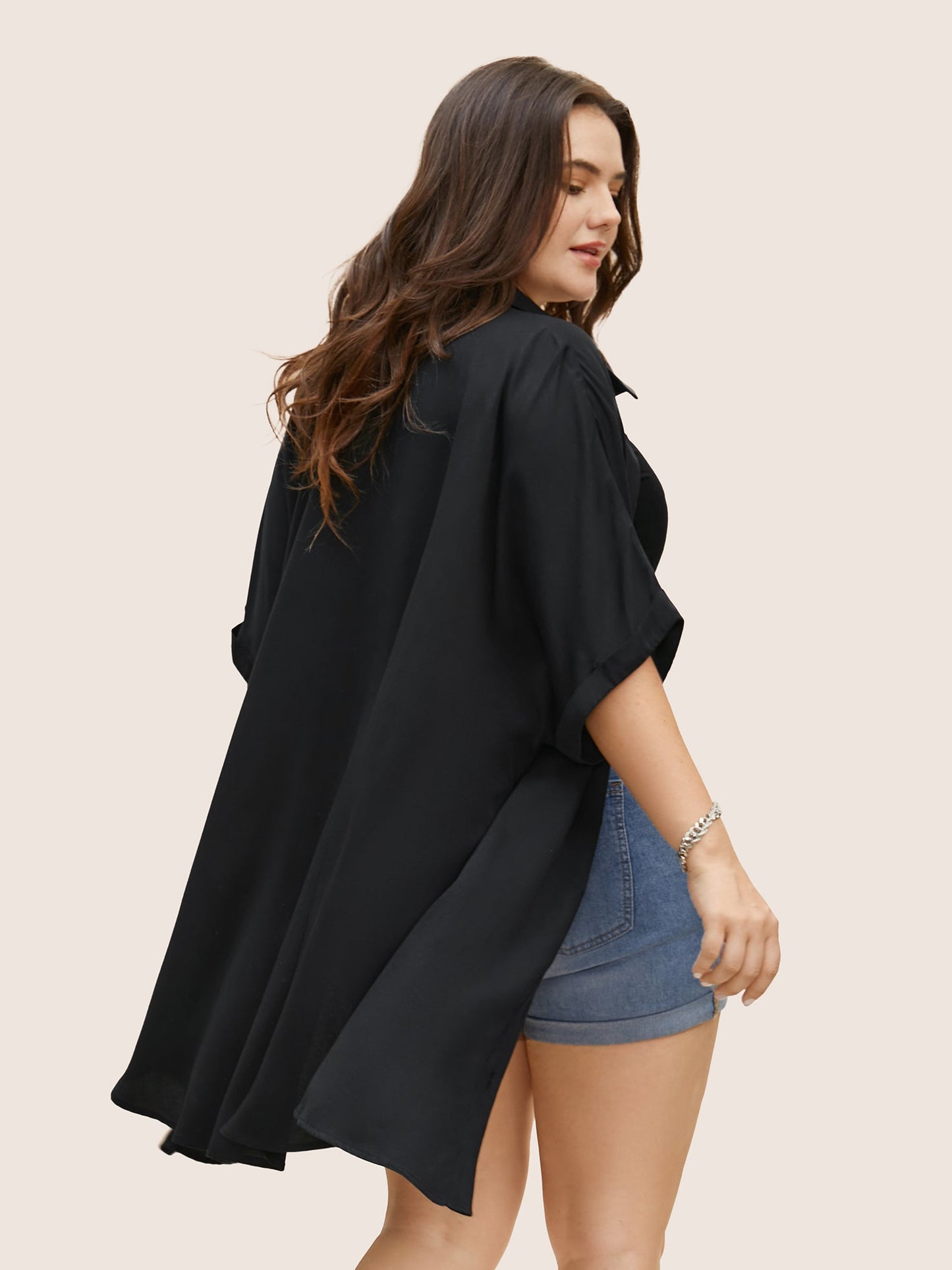 Rayon Shirt Collar Cuffed Sleeve Pocket Blouse