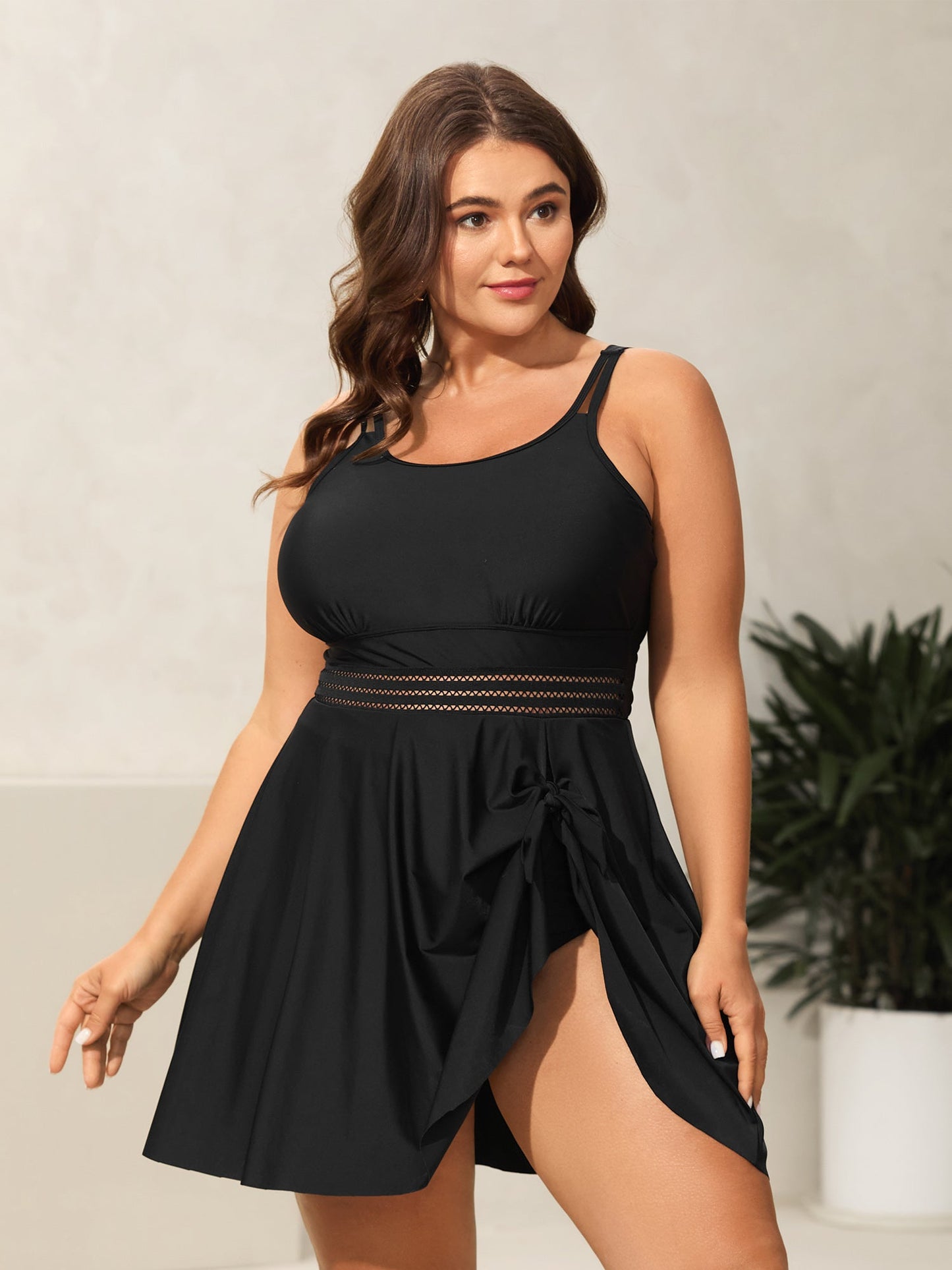 Anti-Float Ties Webbed Split Hem Swim Dress
