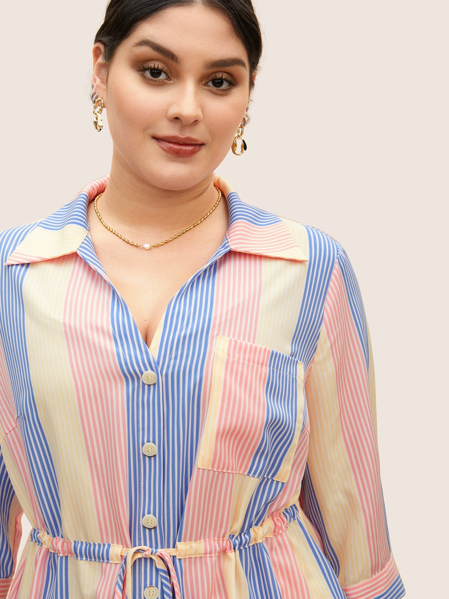 Contrast Striped Drawstring Patched Pocket Blouse