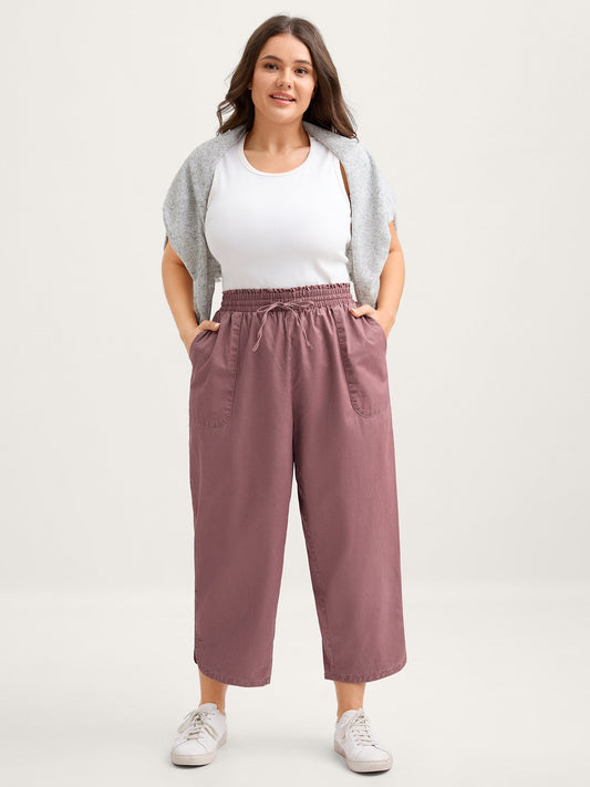 Cotton Shirred Wide Waistband Hem Slit Pants