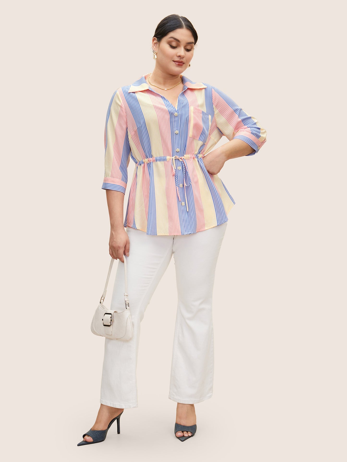 Contrast Striped Drawstring Patched Pocket Blouse