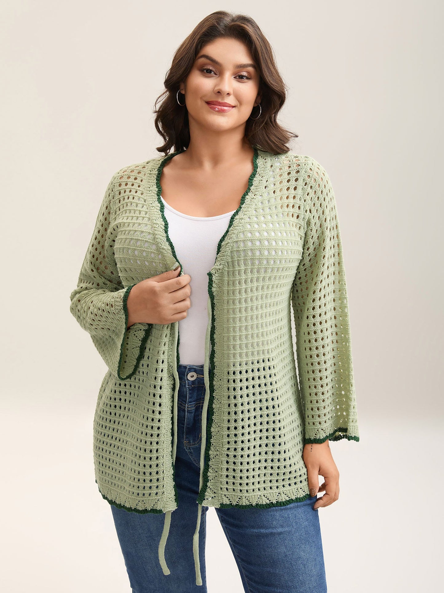 Contrast Hem Front Mid Tie Knit Cardigan