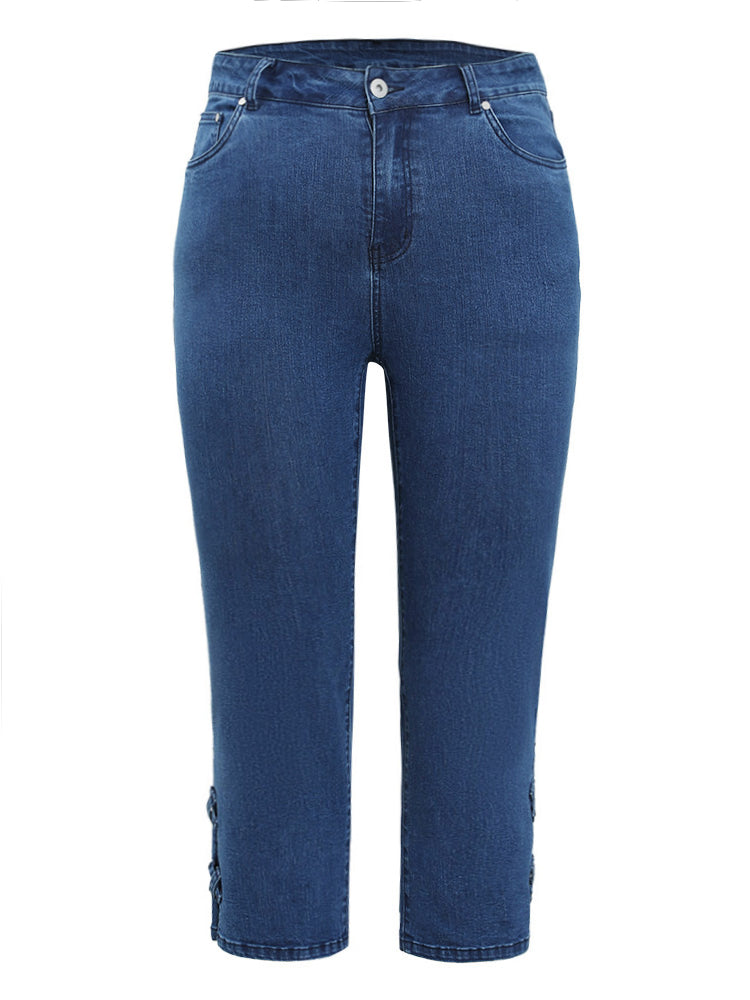 Very Stretchy Medium Wash Patched Detail Cut Out Jeans